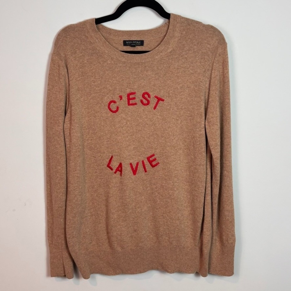 Banana Republic Womens Tan Merino Wool Pullover Sweater "C'est La Vie" sz Large